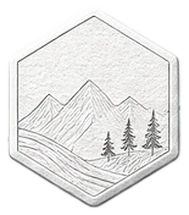 An embossed plate engraved with mountains and pine trees