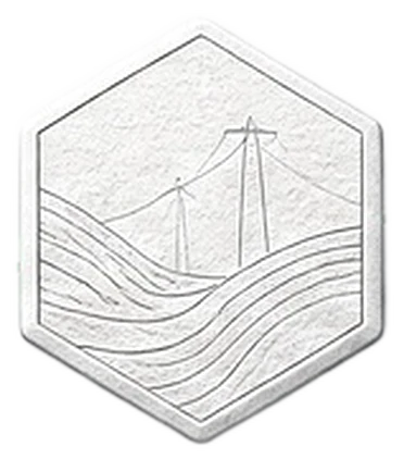 An embossed plate engraved with transmission towers over open country